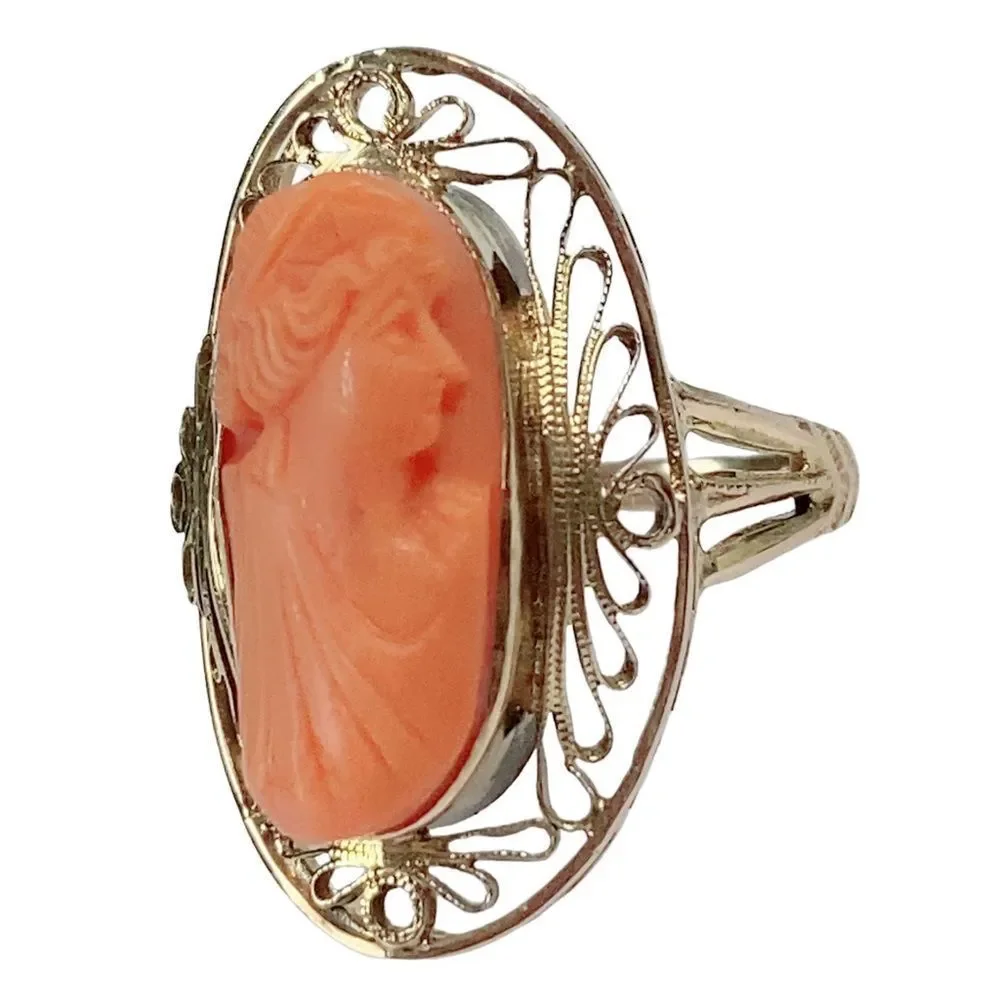 Antique Victorian Carved Cameo Ring 10k Yellow Gold Filigree Oval Sz 7.5 Vintage